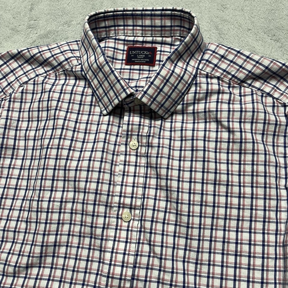 UNTUCKit Shirt Mens Large Slim Fit Blue Pink Plaid Hewitson Cotton Blend Stretch
